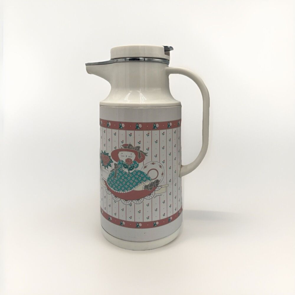 VTG Thermos Carafe Retro Cat Pink Roses Floral Cottagecore Grandmacore 1 Litre